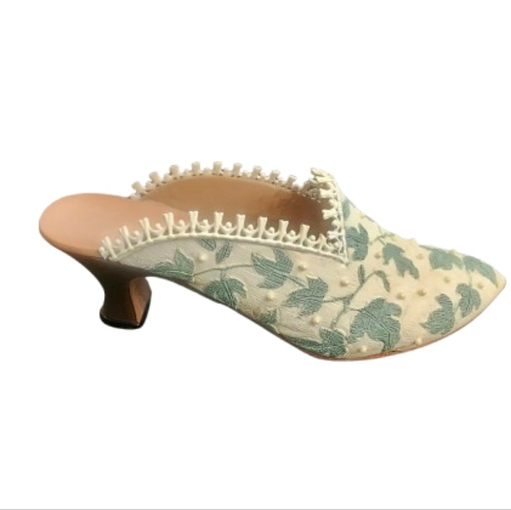Just The Right Shoe Cream and Green Embroidered Mules Touch Of Lace 1999